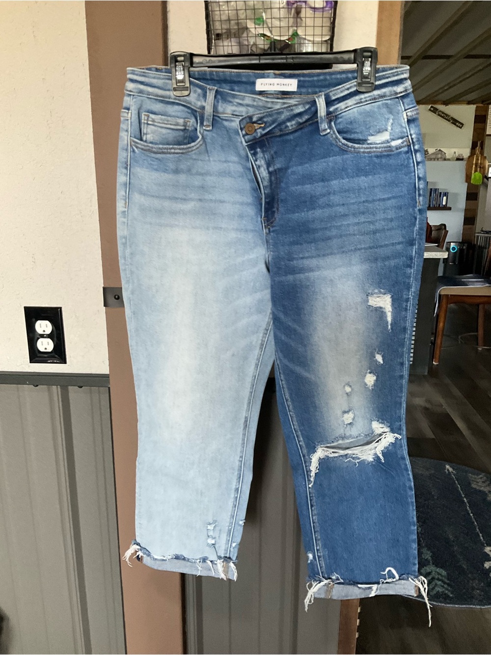 Flying Monkey Two-Tone Distressed Crop Jeans - Blue